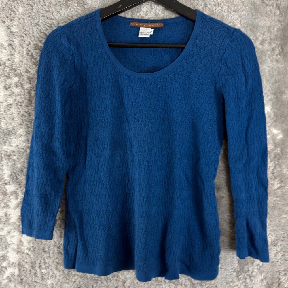 Peruvian Connection Size M Pima Cotton Knit Scoop Neck Top Blue 3/4 Sleeve Women